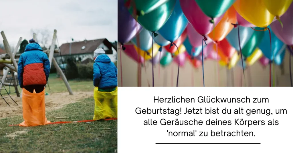 Zwei Kinder in bunten Sackhüpfen-Säcken bei einer Geburtstagsfeier im Freien, umgeben von lebhaft schwebenden Ballons.