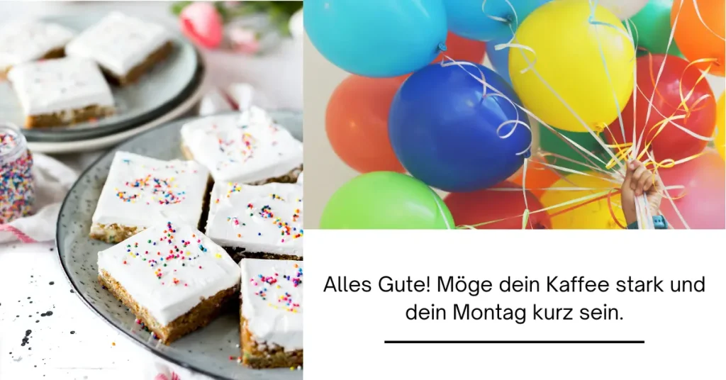 Ein Teller mit bunten Kuchenstücken neben einer Hand, die viele bunte Luftballons hält, ideal für lustige Geburtstagswünsche.