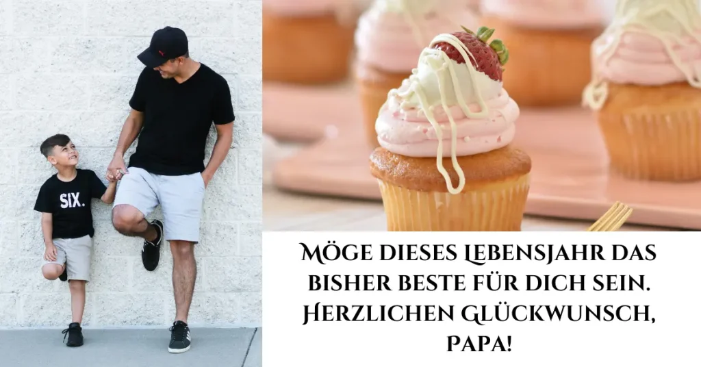 Ein Vater und sein kleiner Sohn lächeln sich an, während sie an einer Wand lehnen, neben einem Bild von köstlichen Geburtstagscupcakes, perfekt für "Geburtstagswünsche Papa".