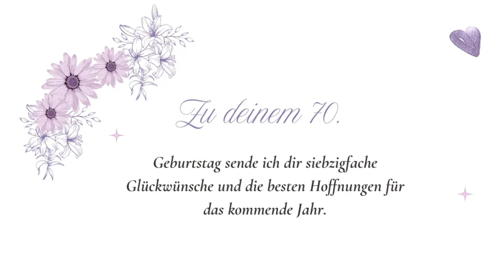 Glückwünsche zum 70. Geburtstag: Elegante Karte mit Blumen und herzlichen Wünschen für das kommende Jahr.