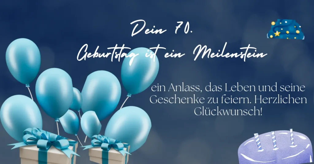 Glückwünsche zum 70. Geburtstag: Blaue Luftballons und Geschenke zum Feiern eines wichtigen Lebensmeilensteins.